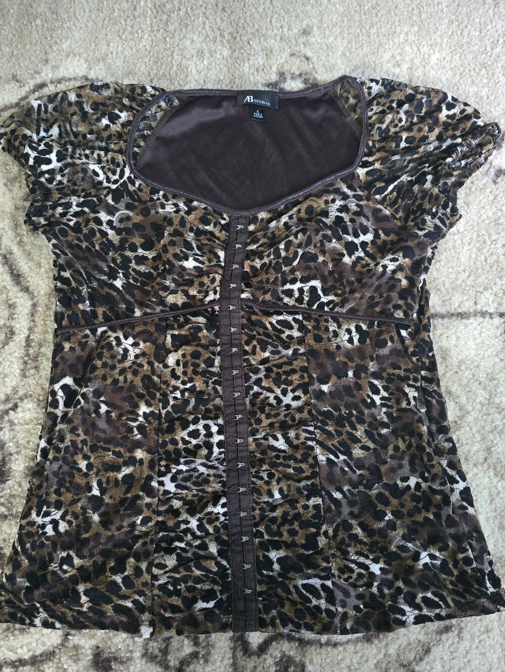 AB Studio Brown Leopard Print Short-Sleeve Mock Hook-Front Top
